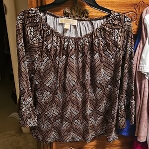 Michael Kors Brown and Cream Leaf-Print Peasant Blouse